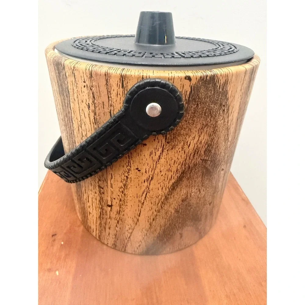 Vintage Mid Century‎ Modern Ice Bucket Greek Key Faux Wood Grain Retro Barware
